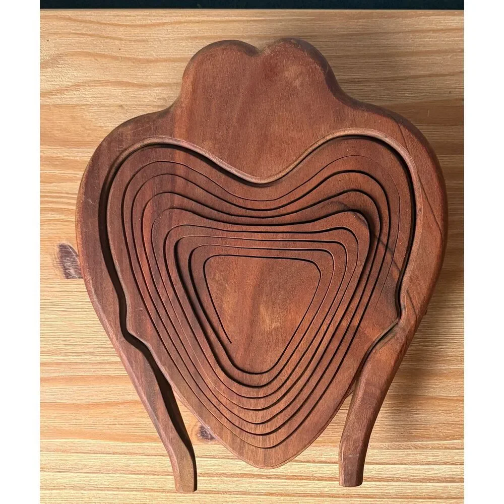Vintage Artisan Carved Wood Folding Collapsible Heart Shaped Bowl Basket